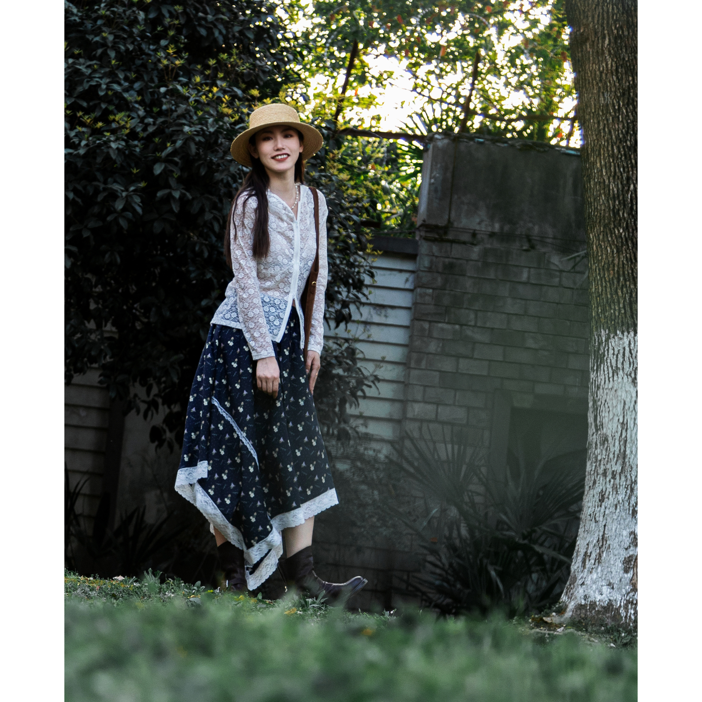 Fizzfly 25春夏设计师桑蚕丝亚麻蕾丝拼接碎花文艺复古度假半身裙