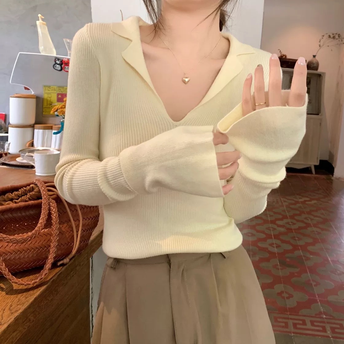 3581大码女装2025春季新款法式内搭polo翻领针织长袖打底衫上衣女