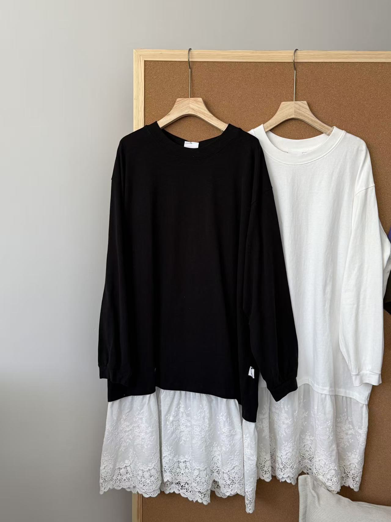 韩版拼接蕾丝圆领宽松大版叠穿神器长袖T