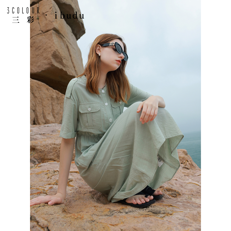 【达人专属】三彩ibudu2024秋季新款宽松松紧腰休闲工装口袋连dbq