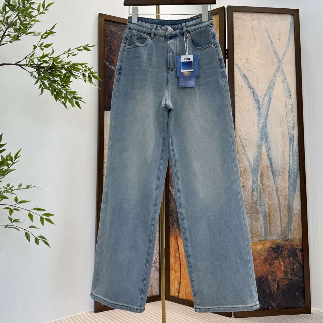 重磅直播推荐窄版浅蓝直筒植绒牛仔裤休闲长裤