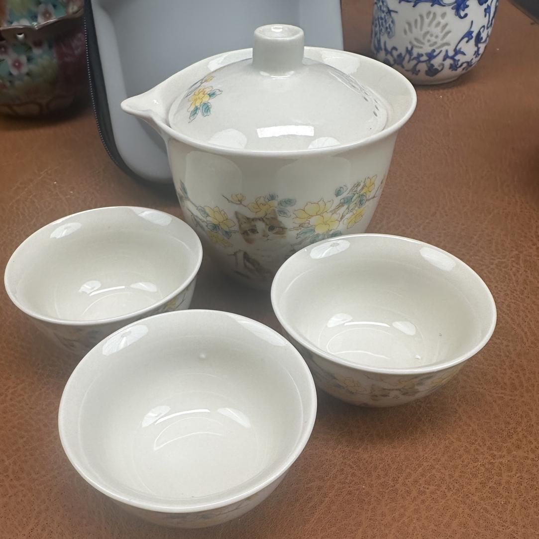 【闪购商品】草木灰釉堆料桂花猫一壶三杯➕茶巾➕茶巾 JF 312