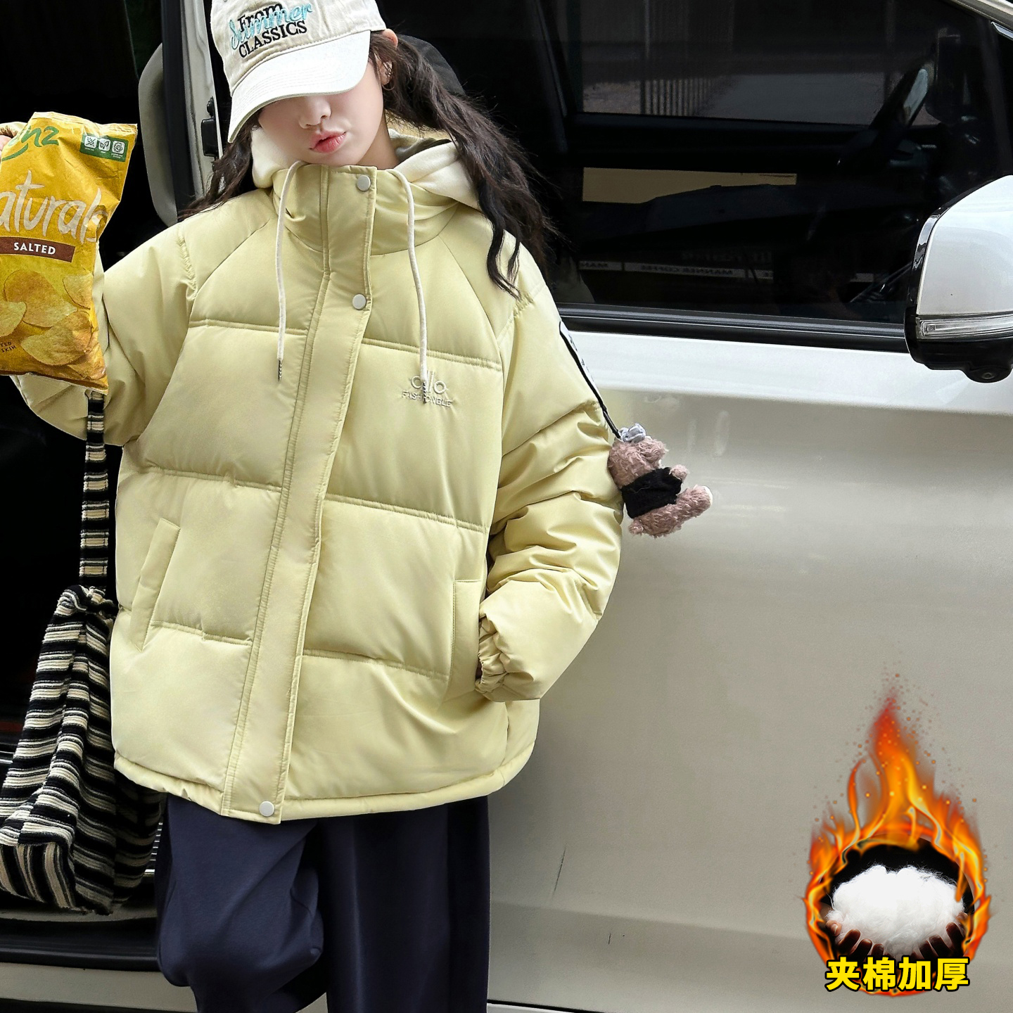 【嘻嘻柚】女童冬季夹棉加厚连帽棉衣2025新款时尚超好看假两件棉服