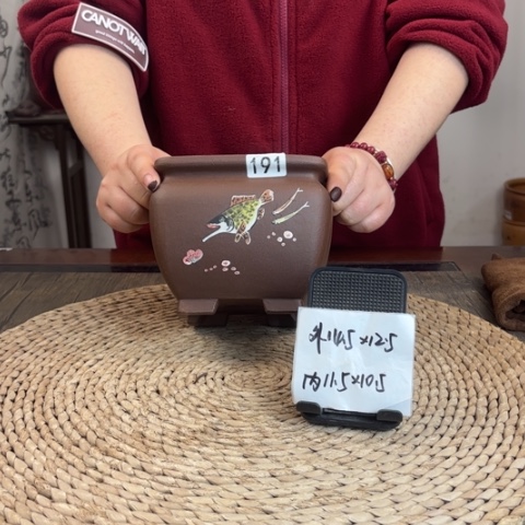 紫砂花盆紫玉金砂年年有余手绘束口四方191