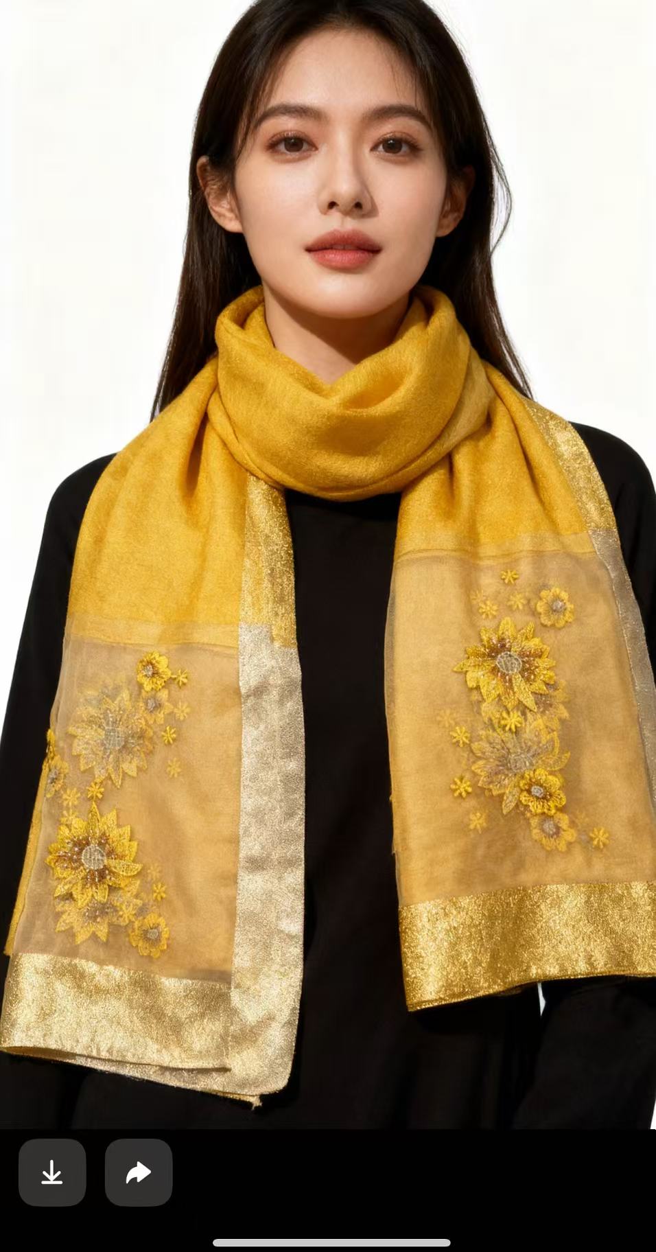 A882 黄色 微瑕 刺绣轻奢高定丝巾披肩75*175