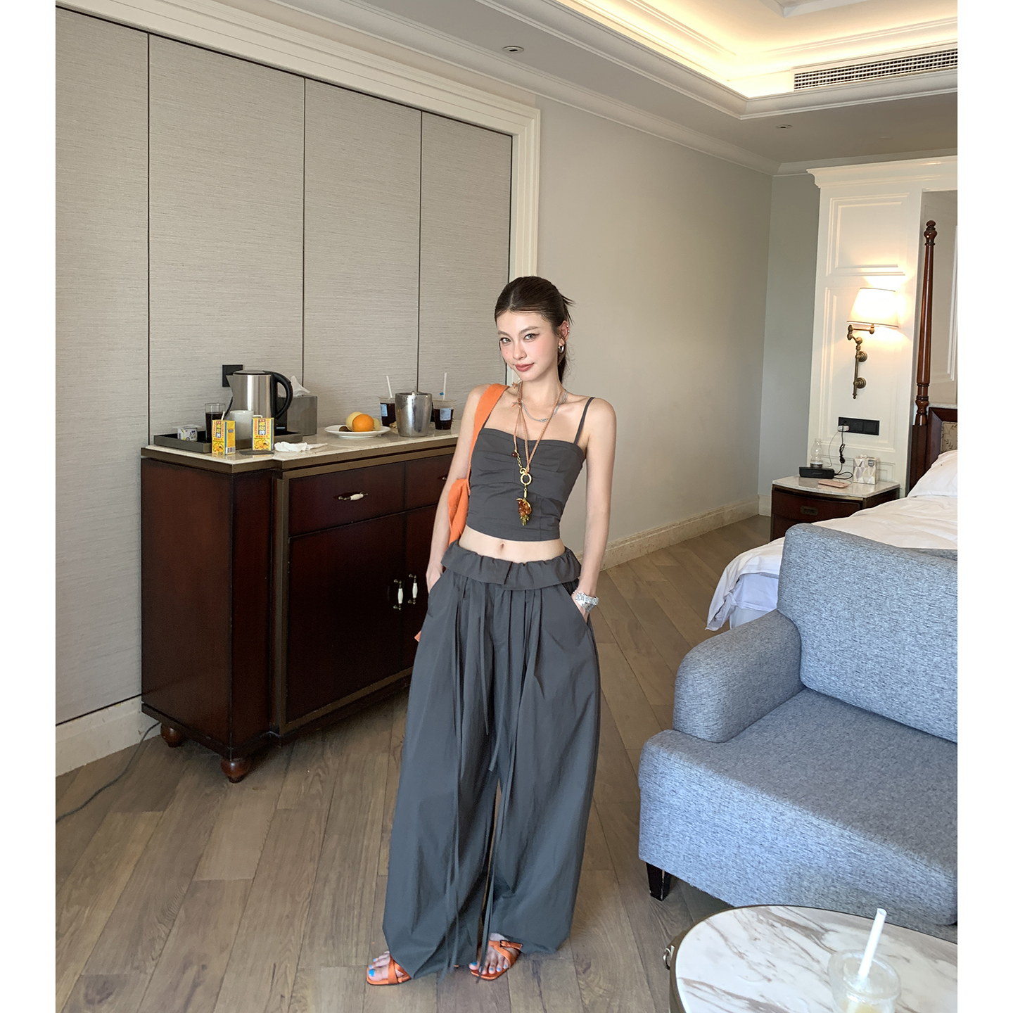 美式辣妹翻边抽绳休闲裤女夏季炸街工装裤宽松阔腿拖地裤子