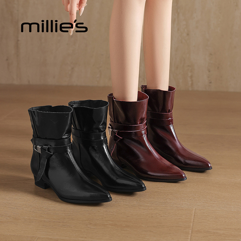 妙丽时装靴女靴英伦风筒靴时装高跟百搭中筒尖头