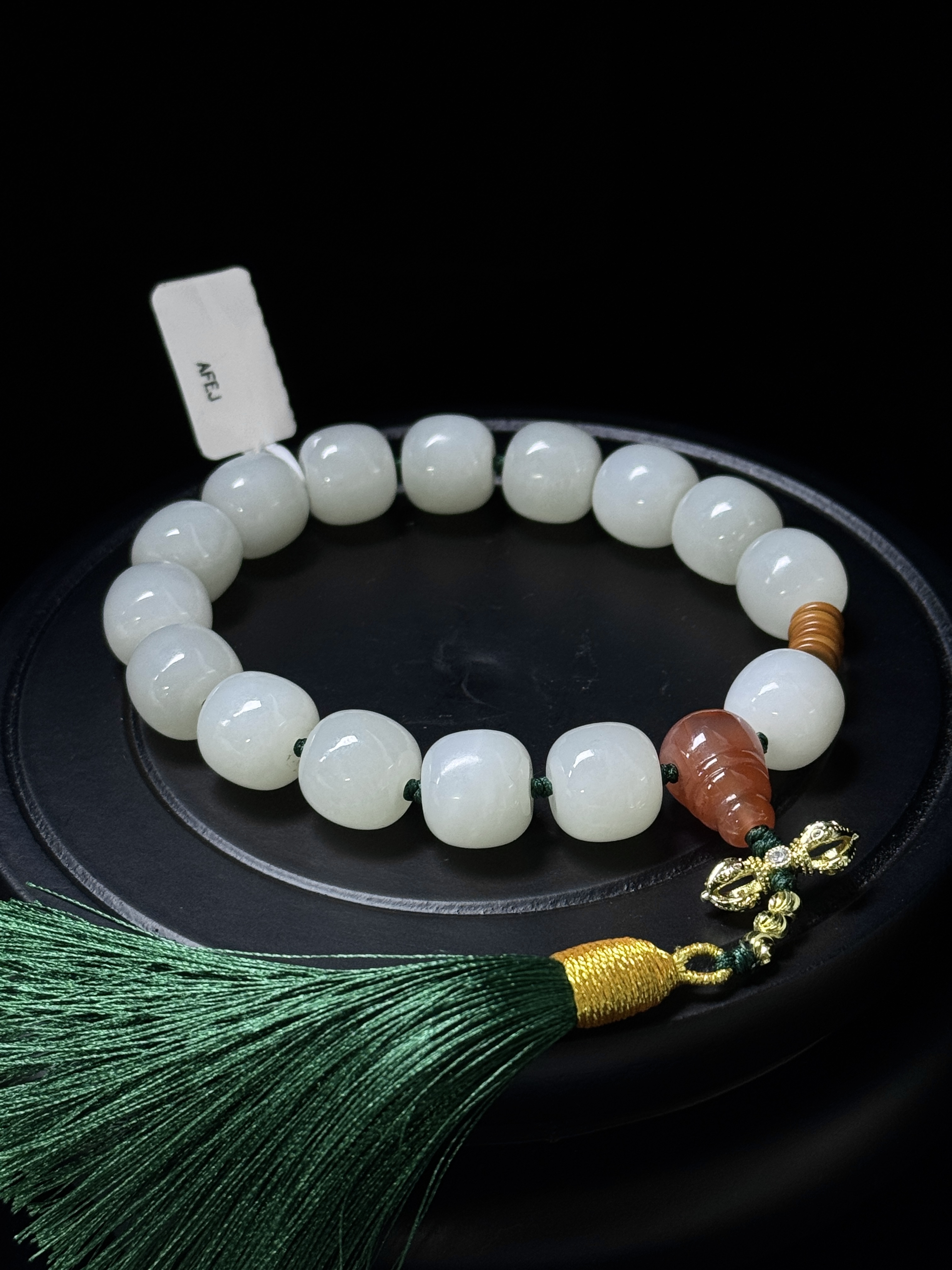 【珐心】和田玉白玉老型珠带流苏