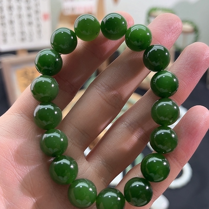 和田玉颈饰未镶嵌碧玉-老坑菠菜绿-12mm手串