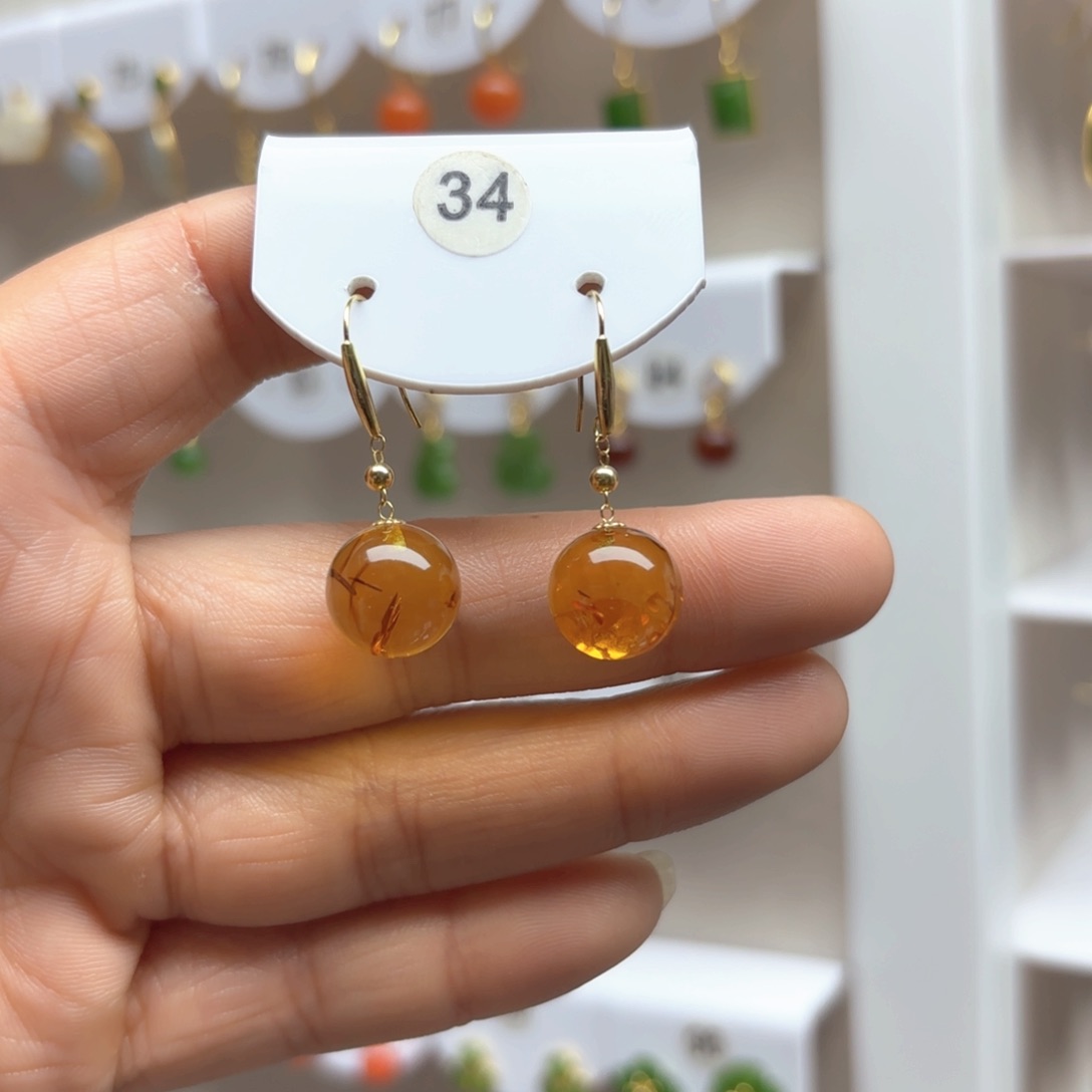琥珀（花珀）耳饰18K金镶嵌花珀