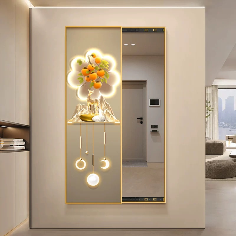 柿柿如意暗藏式全身镜玄关装饰画轻奢福鹿可推拉隐形穿衣镜子挂画