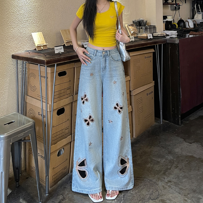 浅蓝色蝴蝶镂空烫钻重工牛仔裤女2025秋季高腰阔腿宽松小个子百搭