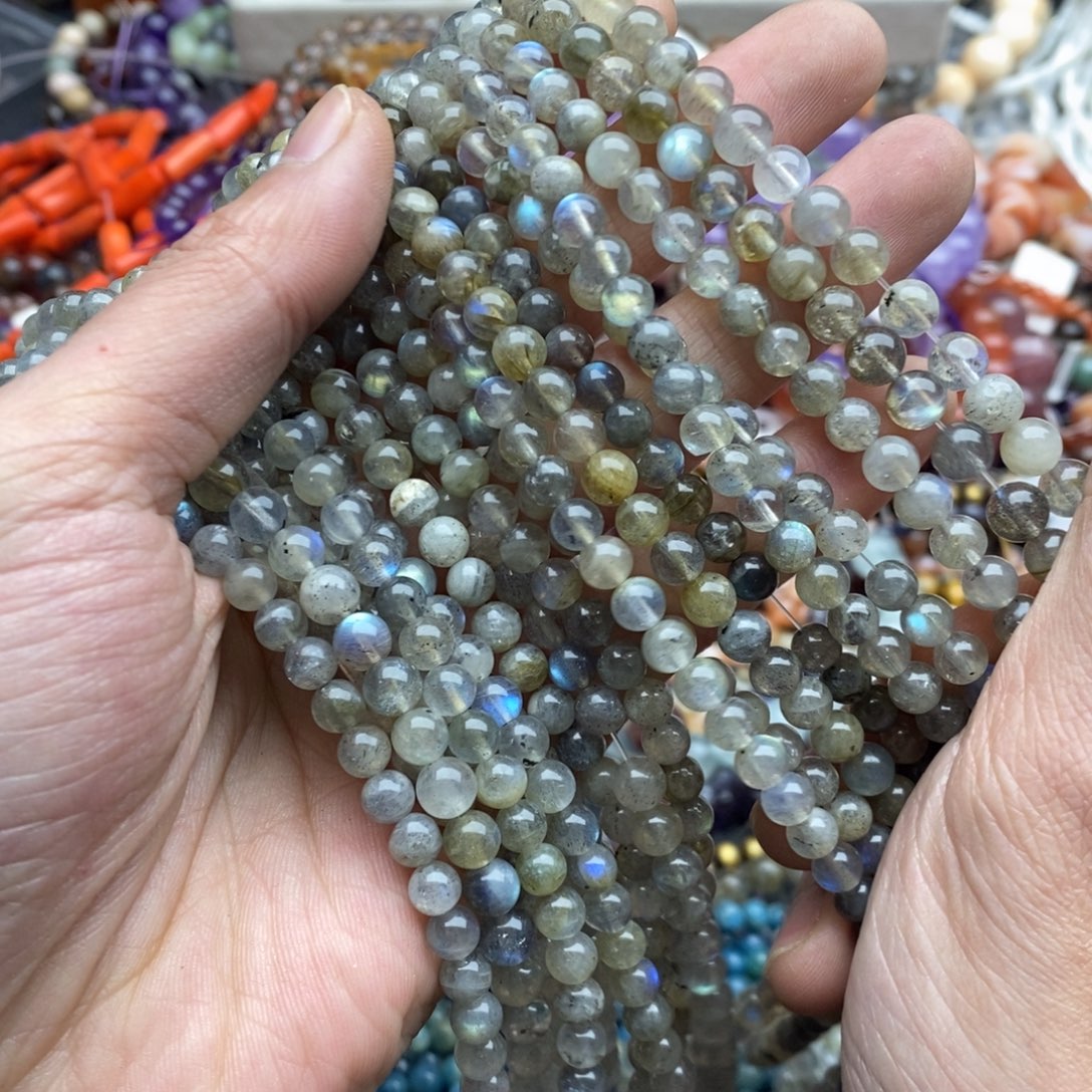 玛瑙/玉髓未镶嵌珠宝半成品一条纯天然5-6mm灰月光圆珠