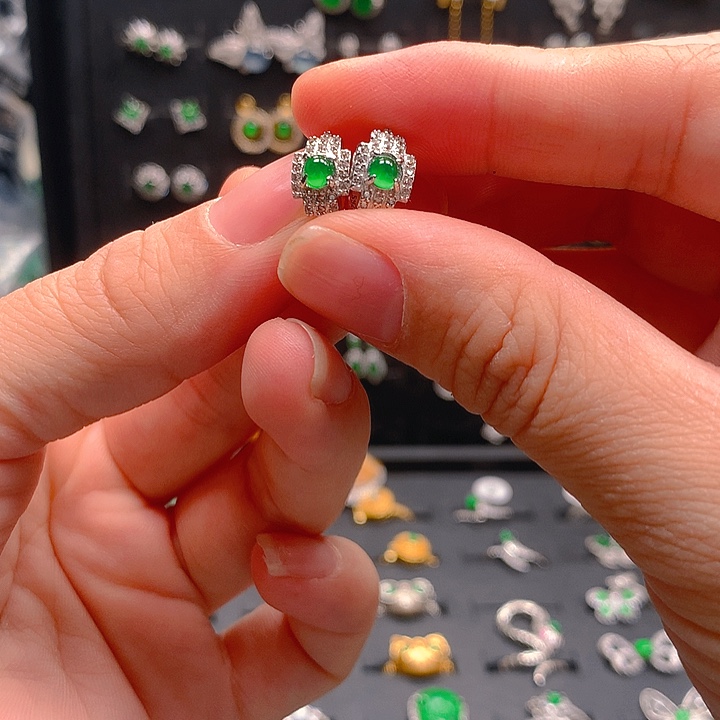 翡翠戒指银S925镶嵌耳钉