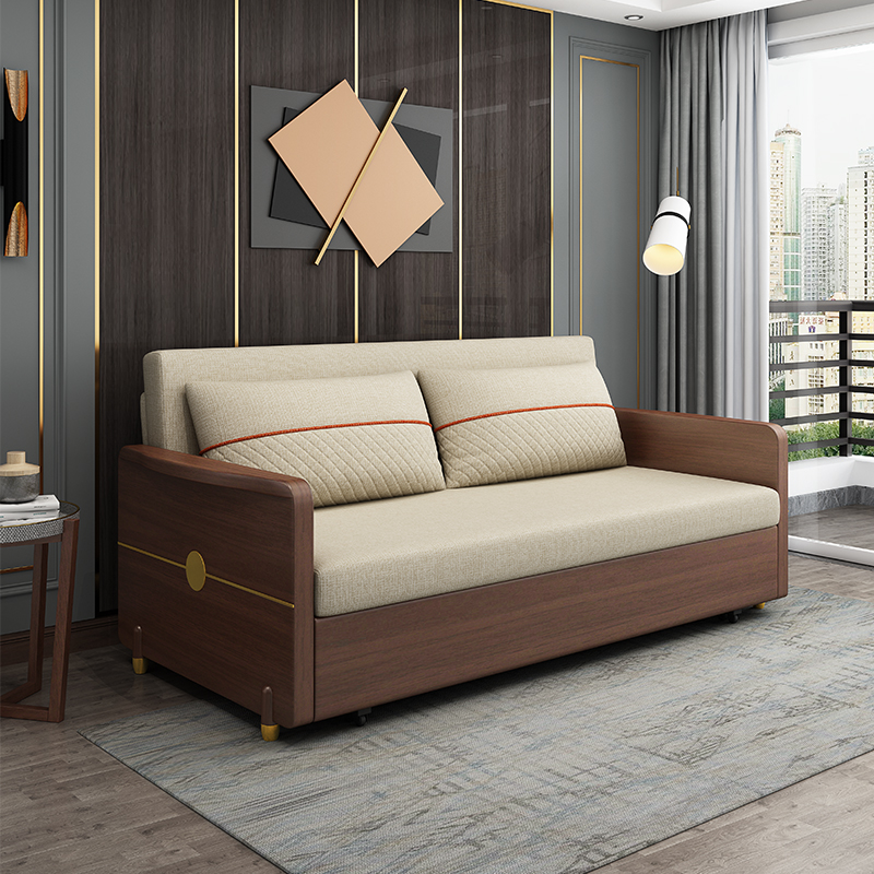 2028实木新中式沙发床升降边几客厅简约两用整洁沙发客厅家用