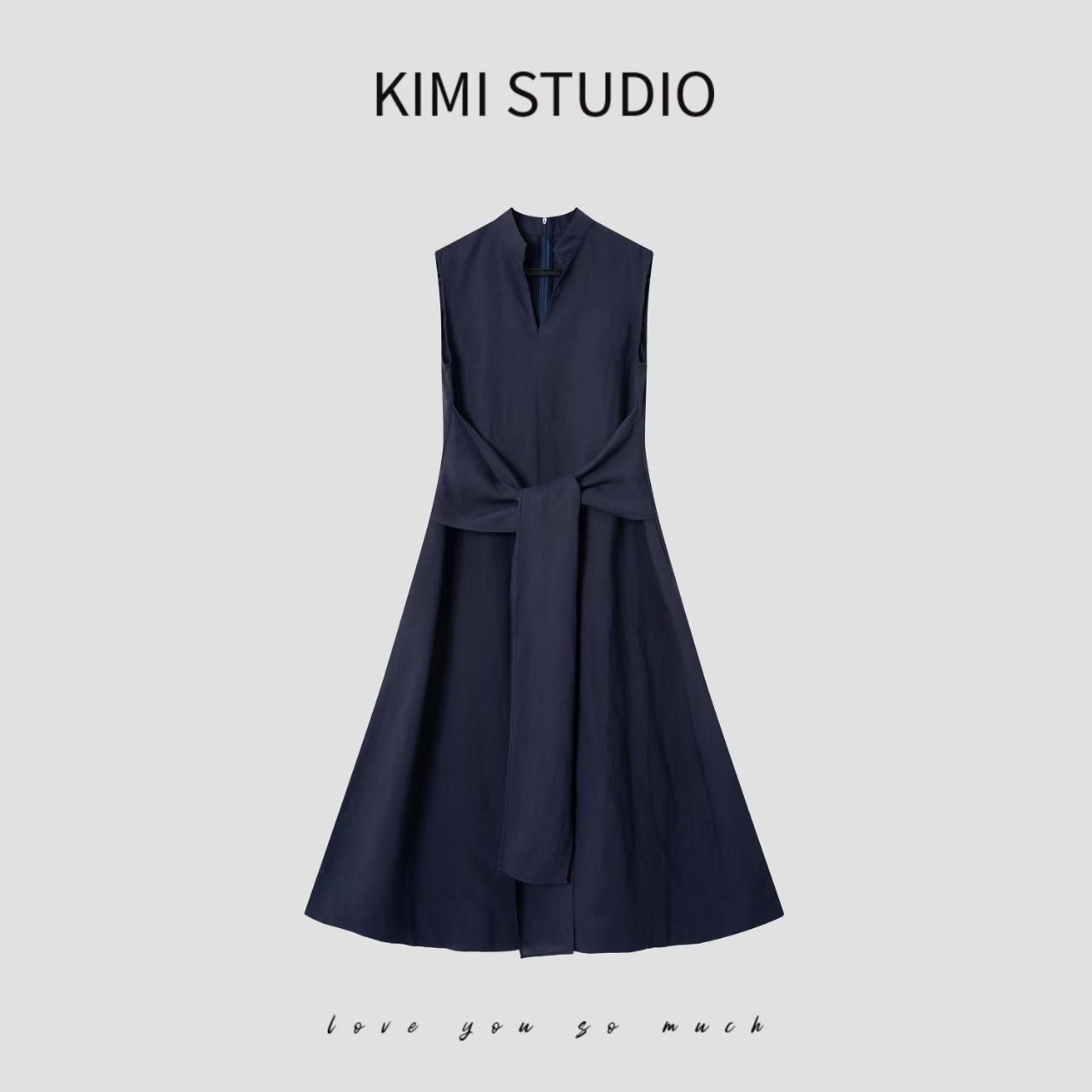 A字裙夏季藏蓝色裙子设计师腰间绑带100%亚麻长款连衣裙 SS251333