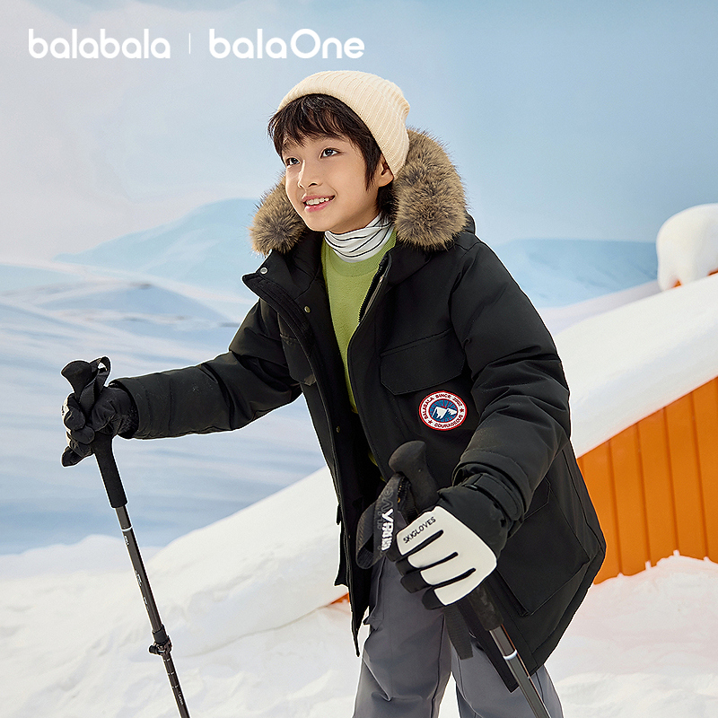 【balaOne】巴拉巴拉童装儿童羽绒服男女童秋冬中长款毛领加厚2025