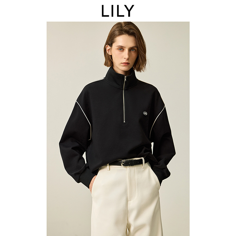 LILY2025冬新款女装拉链POLO立领落肩休闲长袖卫衣125409VW905