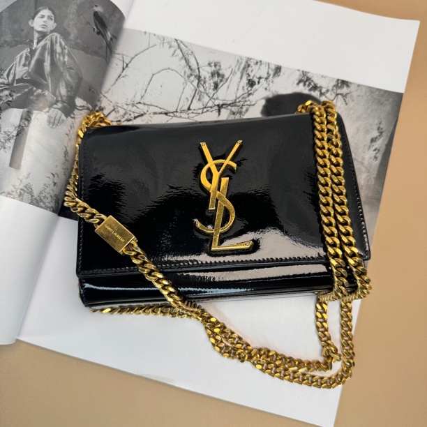 95新 YSL/圣罗兰 漆皮黑金迷你kate/9361