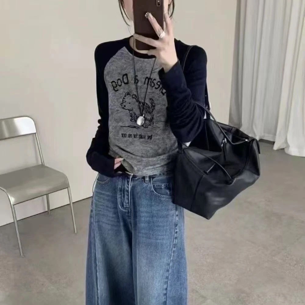 【植绒小狗】2025秋新款时尚百搭可爱风打底衫拼色圆领显瘦字母T恤
