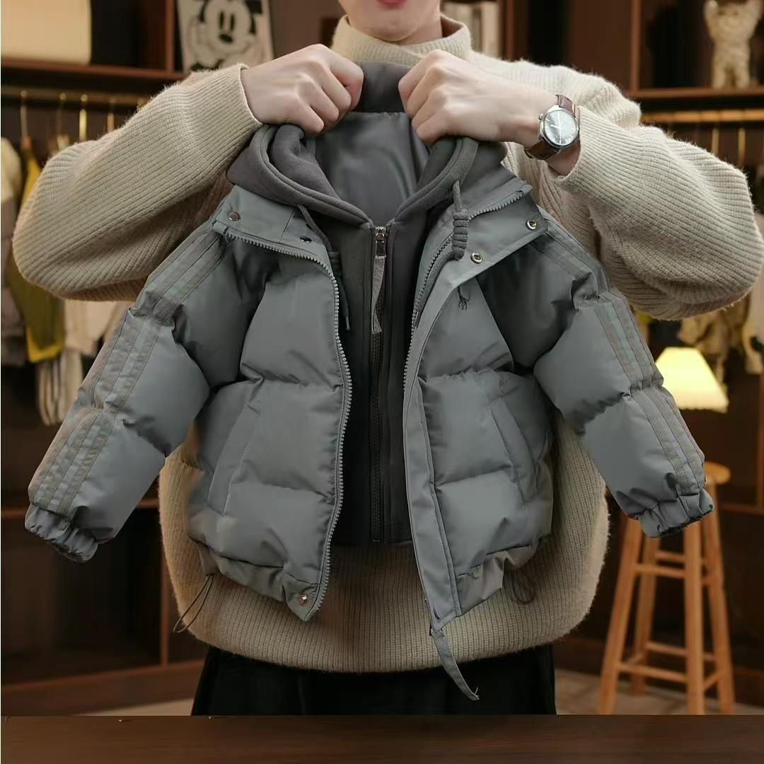 儿童韩版棉服2025冬季新款男童宝宝加厚美式连帽假两件时髦上衣潮