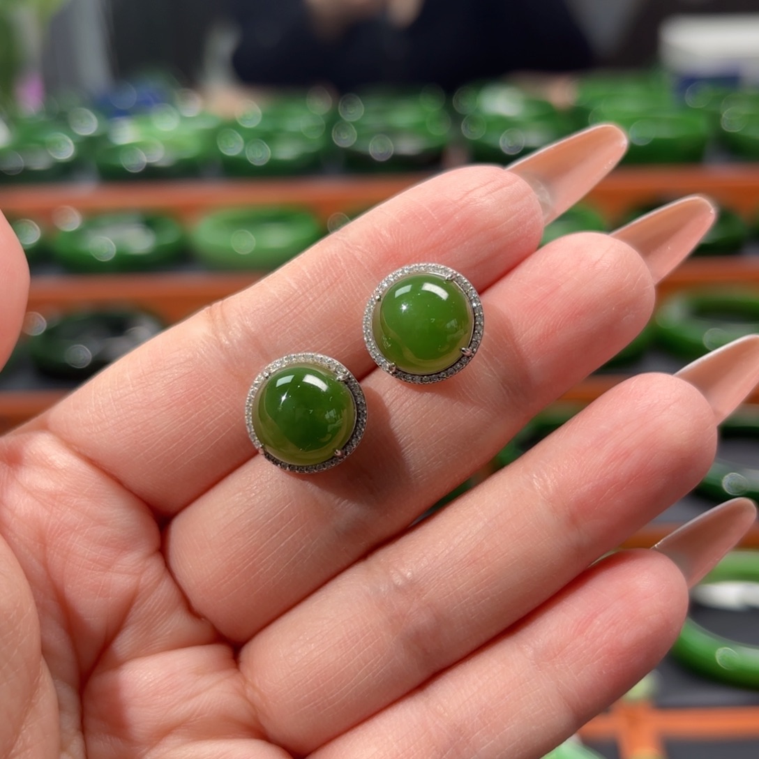 和田玉银S925镶嵌耳饰