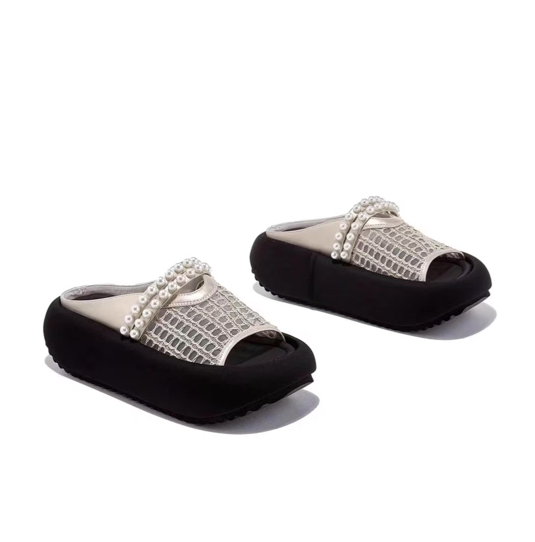 双网珍珠时尚外穿休闲女拖鞋2025夏季新款厚底防滑沙滩户外一字拖