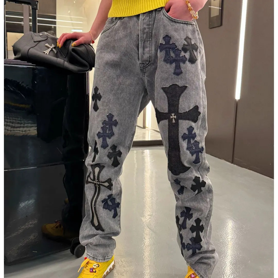 【CH牛王】美式高街水洗重工十字架牛仔裤时尚男女同款情侣气质美式