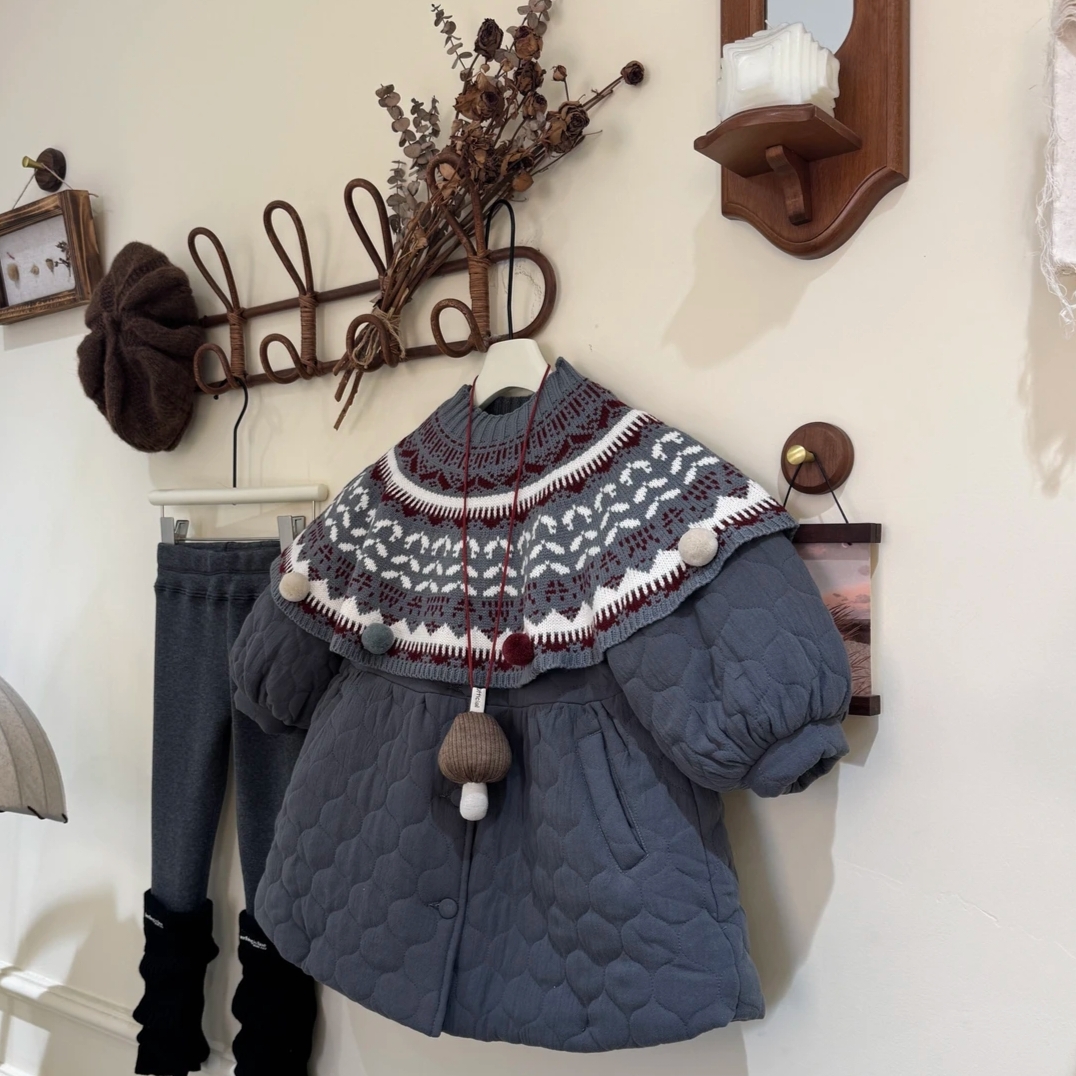 女童韩系棉服冬款2025新品韩版中小童加厚洋气保暖披肩中长款外套