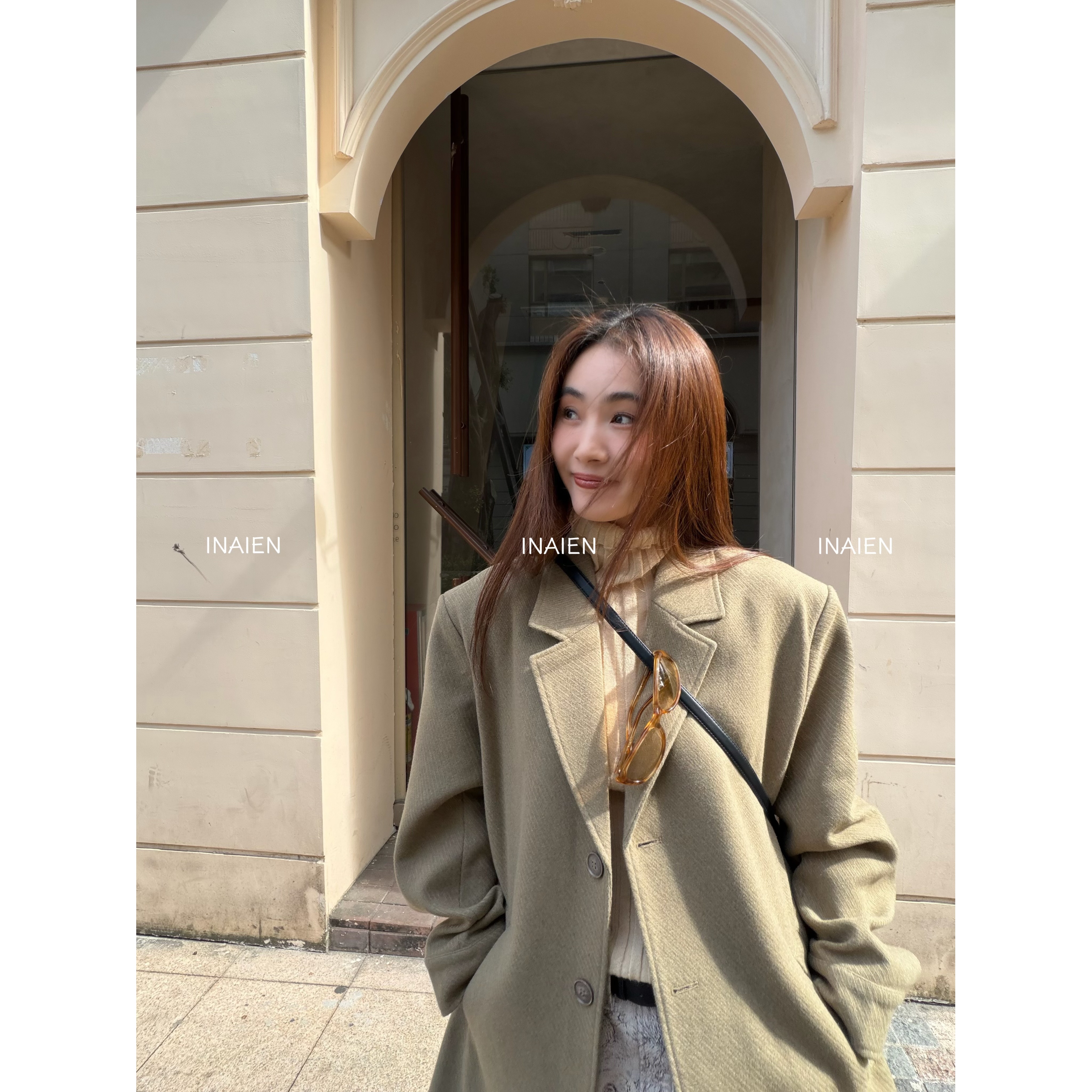 INAIEN【开心果酱】700克厚实斜纹戗驳领单排扣时髦中长款外套P8828