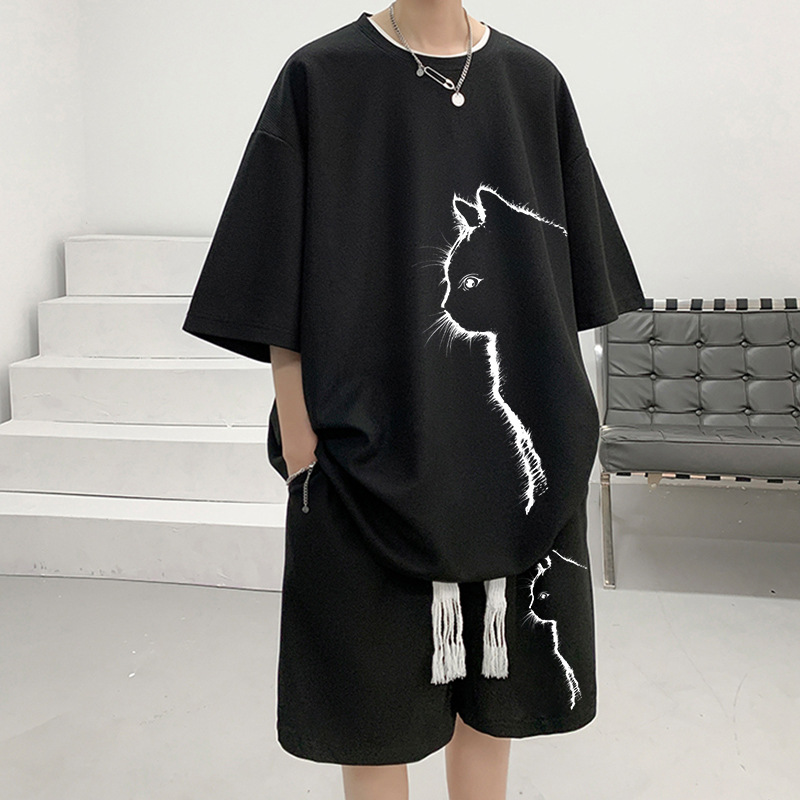 华夫格情侣装短袖t恤男士夏季2024新款上衣服两件套装短裤潮牌