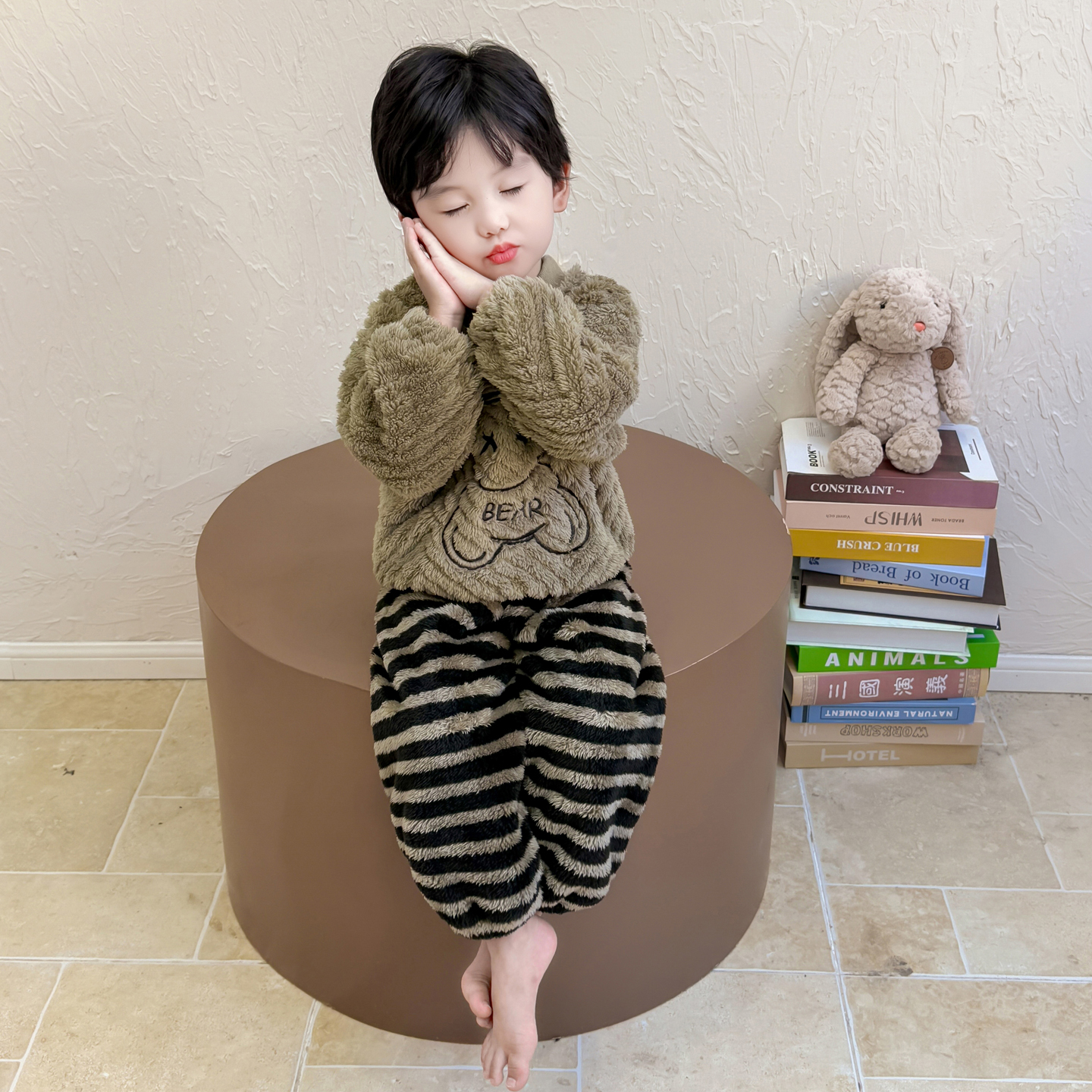 男童睡衣秋冬款珊瑚绒男宝宝条纹裤套装男孩法兰绒冬季儿童家居服