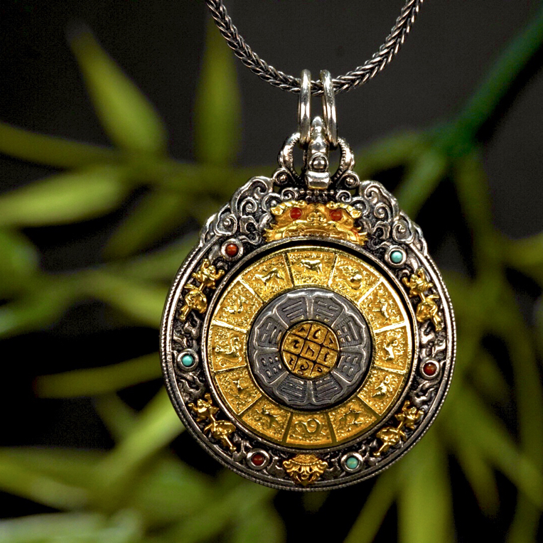 吊坠925银 925银吊坠九宫牌藏传复古做旧纯手工原创百搭挂饰双面