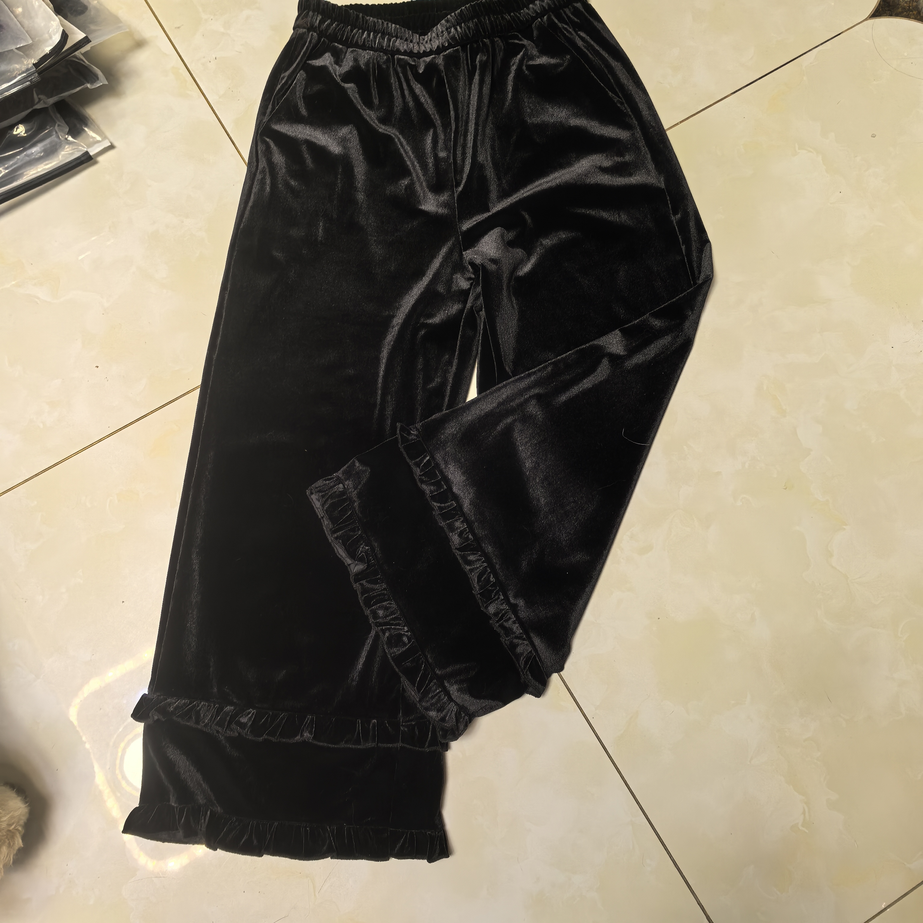 秋季百搭时尚丝绒花边高腰阔腿直筒休闲裤