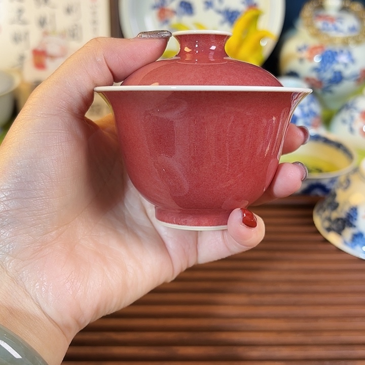 盖碗陶瓷广琛公豇豆红盖碗（气窑）