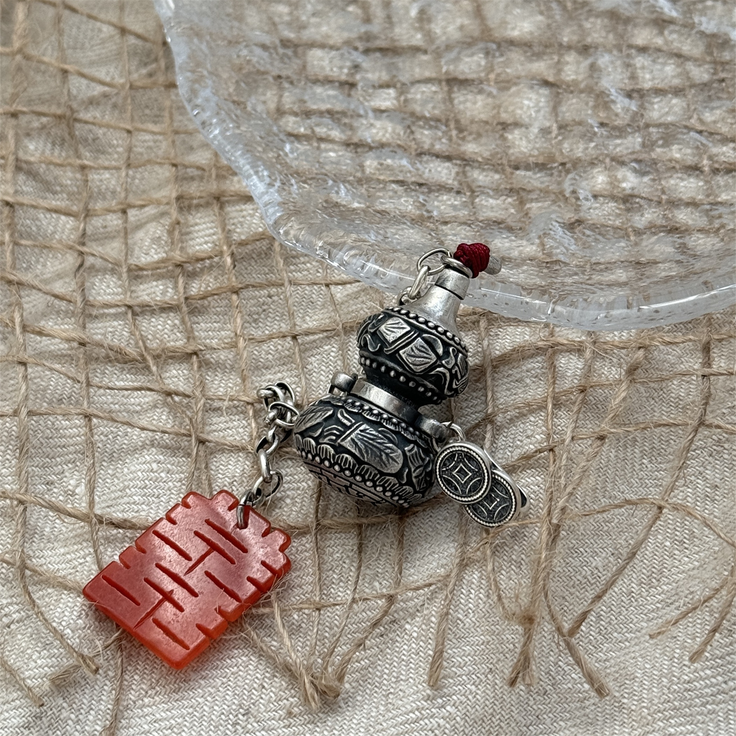 吊坠足银 M7841雕刻八宝莲花葫芦红喜吊坠压襟银葫芦吊坠复古百搭