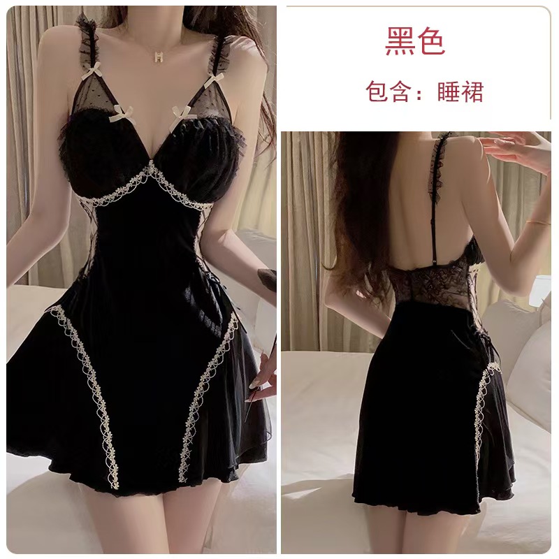 瑰若丝绒拼接网纱睡衣深V加胸垫吊带睡裙舒适外袍家居套装
