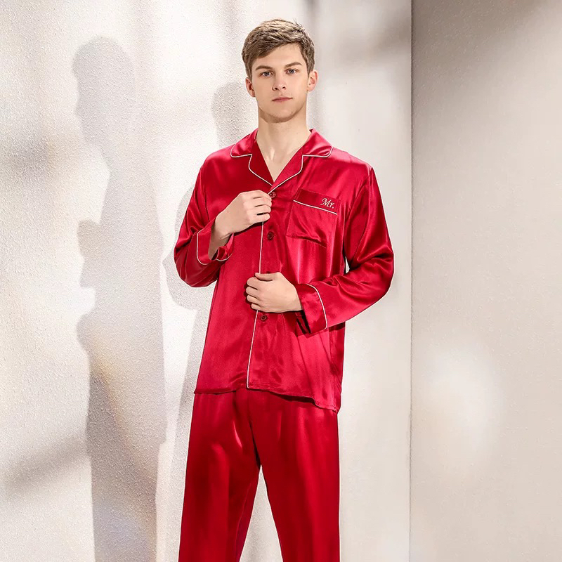 重磅百分百桑蚕丝男款短袖长裤套装睡衣D-5054