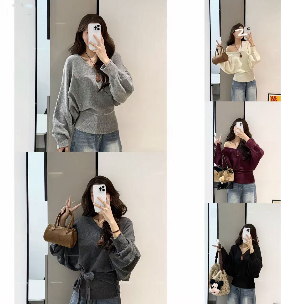 韩系慵懒V领休闲风绑带设计长袖长袖宽松针织衫设计感短款松弛女