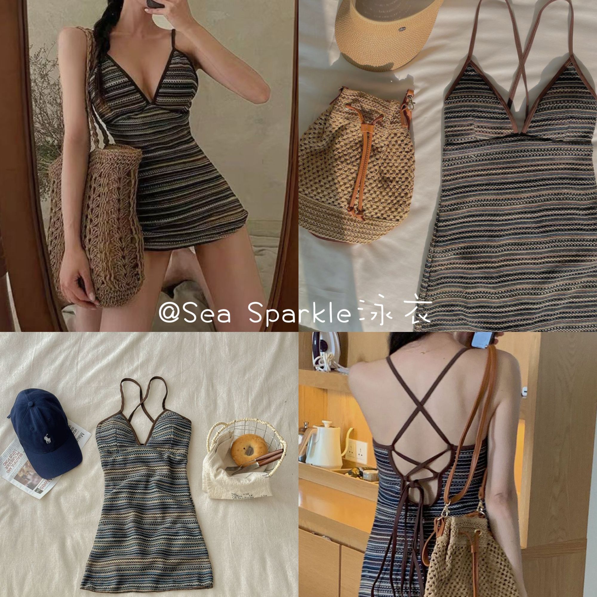Sea Sparkleins慵懒V领吊带条纹大漏背性感裙式连体泳衣拍照出片