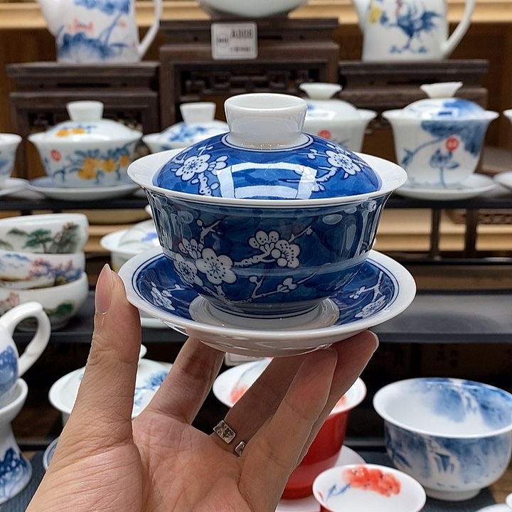 手绘冰梅盖碗120cc釉下彩微瑕福利款