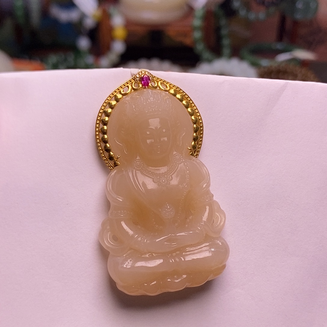 未镶嵌手镯和田玉熟藕粉红粉金镶度母观音