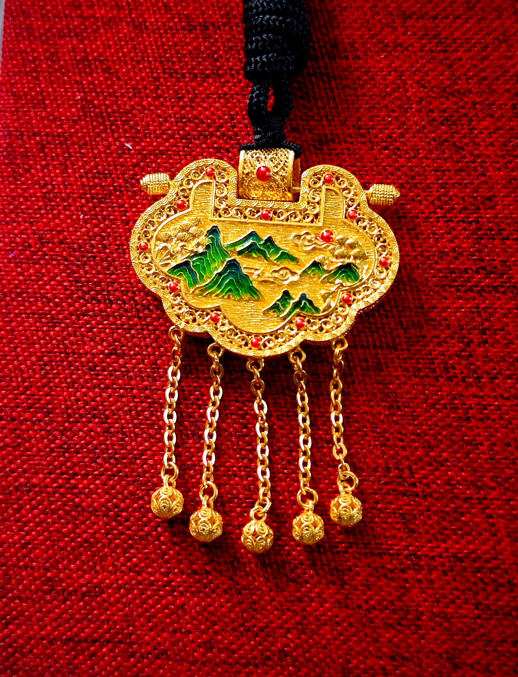 足金999真金纯黄金千里江山古法珐琅彩天子门生吊坠