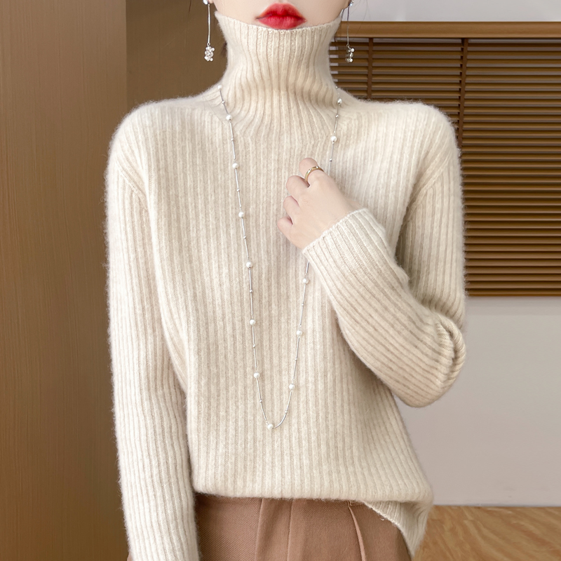 秋冬新款7针加厚羊毛抽条纯色高领长袖针织衫洋气百搭宽松显瘦女