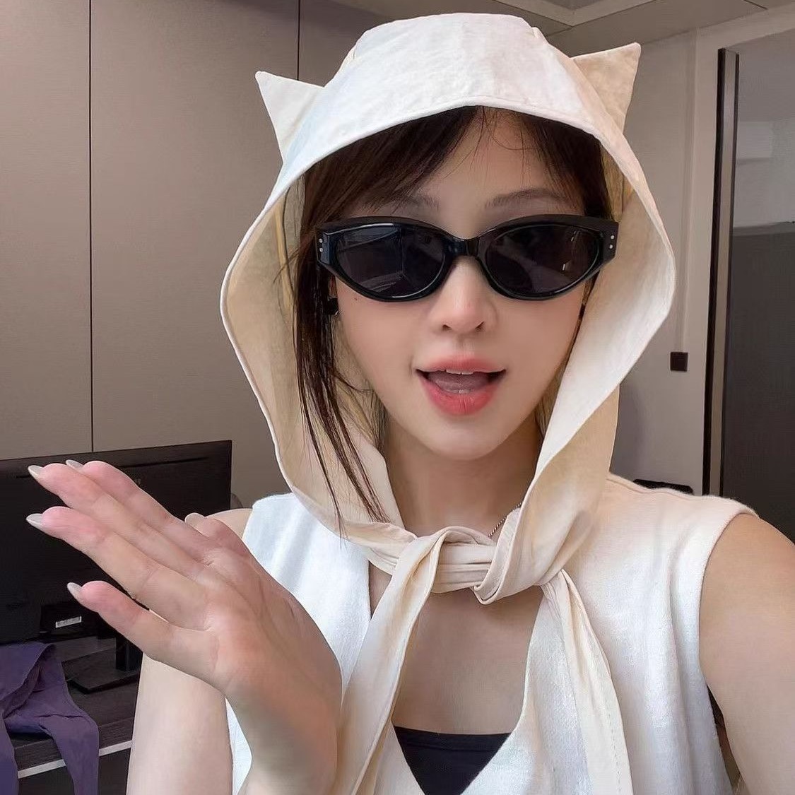 小恶魔绑带速干防晒遮阳帽女薄款护耳头巾帽子可爱猫耳朵外搭披肩