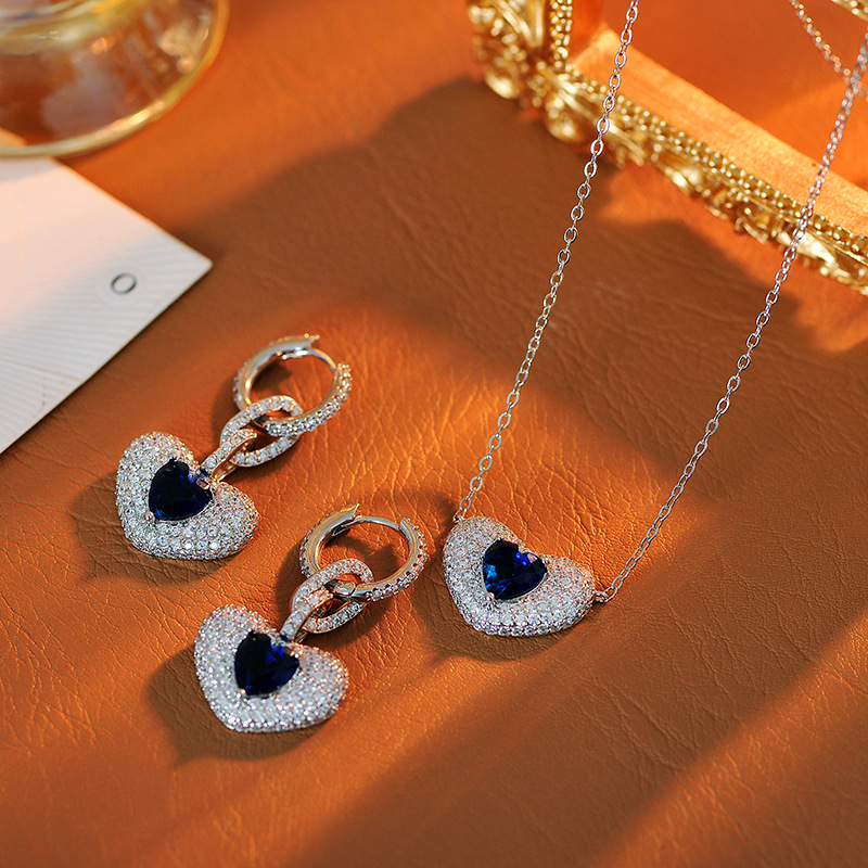 合金锆石吊坠 1041欧美时尚蓝色爱心可调节项链女满钻心形锁骨链