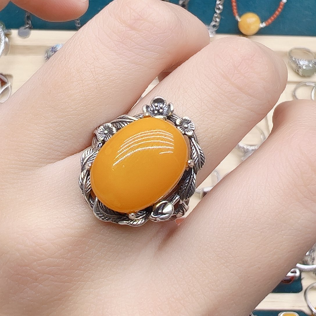 蜜蜡戒指银S925镶嵌天然