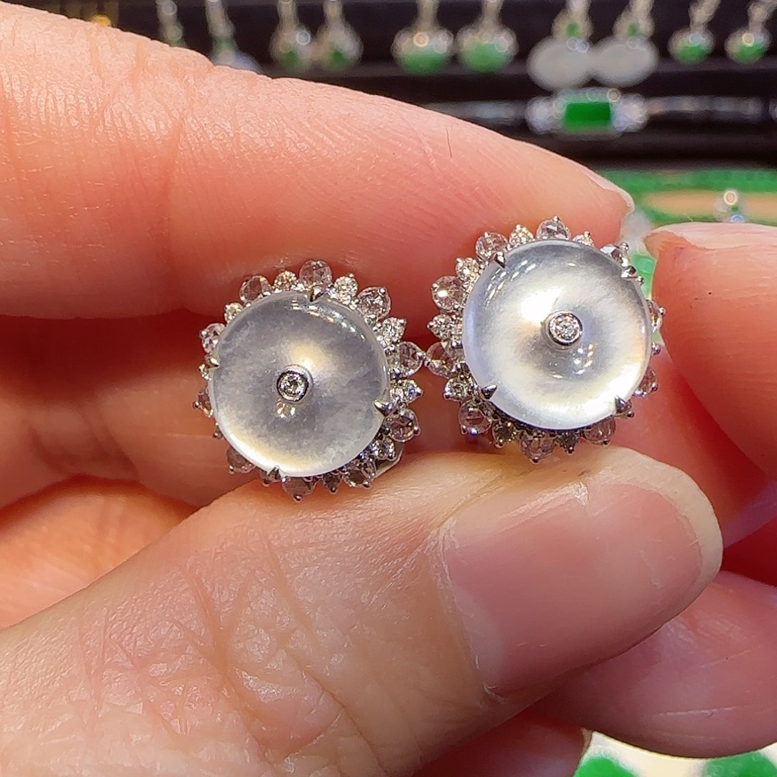 翡翠耳钉18K金镶嵌平安扣