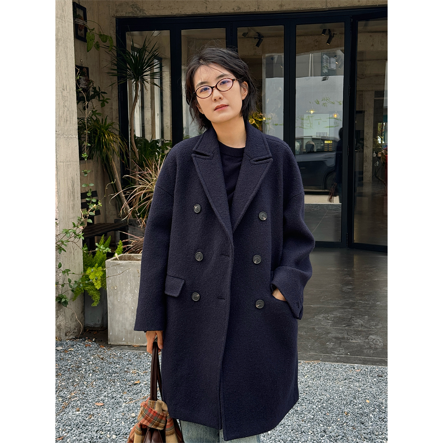 LANGQING 双排扣宽松气质百搭全羊毛大衣46476#