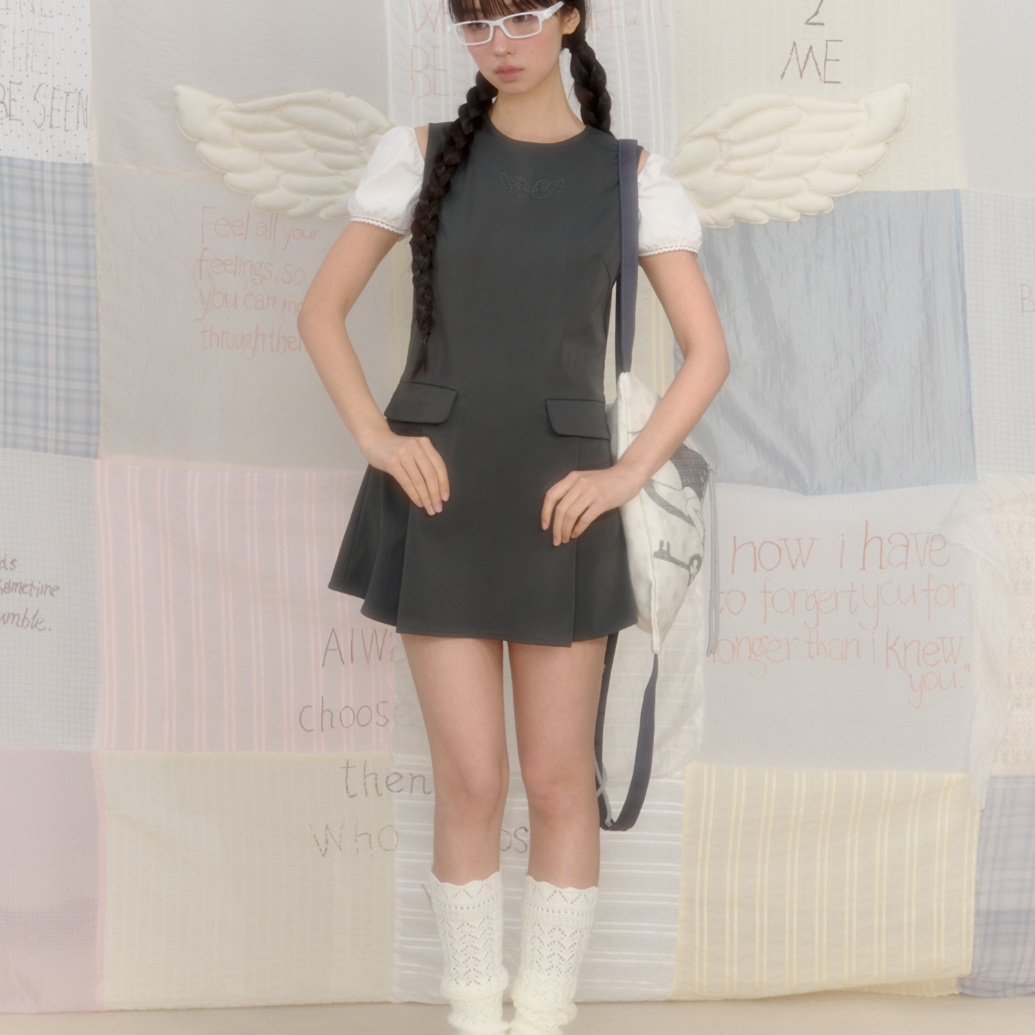 NECY 原创翅膀刺绣连衣裙 盐系学院风裙子高级感无袖背心